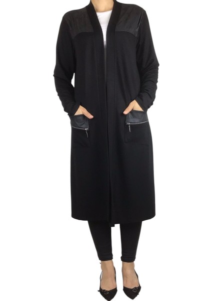 Kadın Önü Desenli Derili Bedenli Kristal Penye Hırka