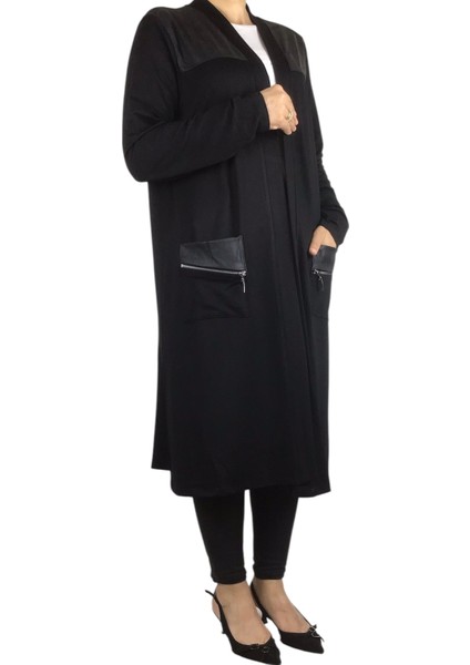 Kadın Önü Desenli Derili Bedenli Kristal Penye Hırka modelleri