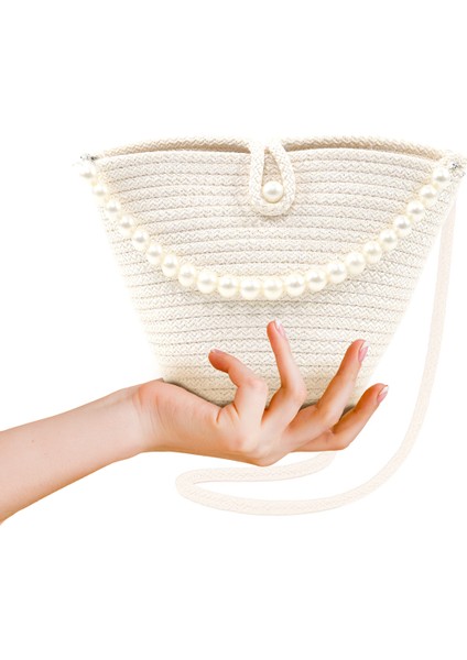 Beyaz SHK245 Incili Hasır Kumaş Tek Bölmeli, Askılı El, Kol ve Omuz Çantası