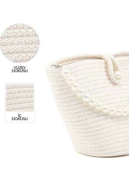 Beyaz SHK245 Incili Hasır Kumaş Tek Bölmeli, Askılı El, Kol ve Omuz Çantası indirimleri