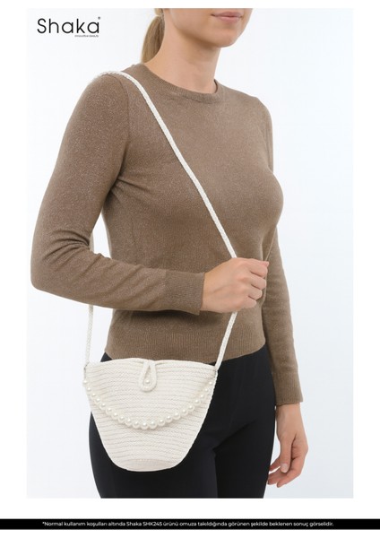 Beyaz SHK245 Incili Hasır Kumaş Tek Bölmeli, Askılı El, Kol ve Omuz Çantası