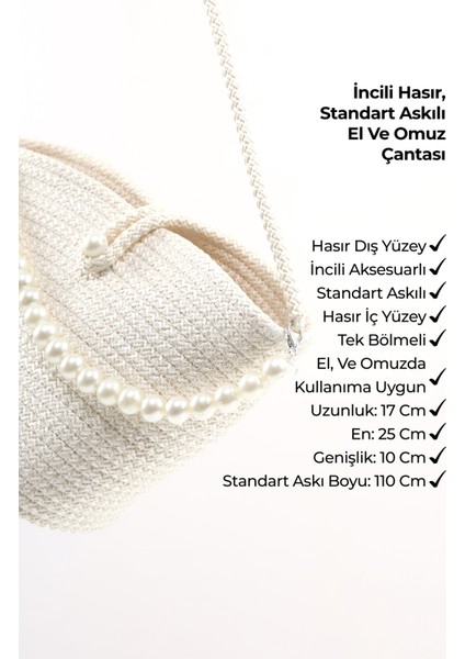 Beyaz SHK245 Incili Hasır Kumaş Tek Bölmeli, Askılı El, Kol ve Omuz Çantası