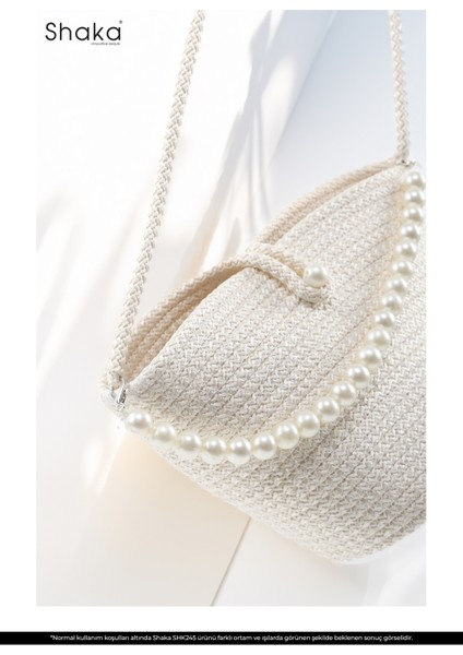 Beyaz SHK245 Incili Hasır Kumaş Tek Bölmeli, Askılı El, Kol ve Omuz Çantası