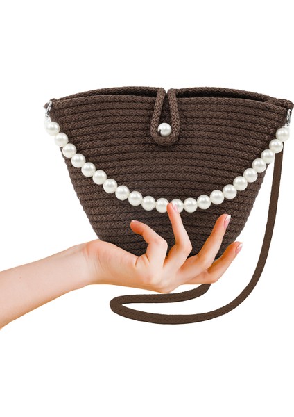 Kahve Rengi SHK245 Incili Hasır Kumaş Tek Bölmeli, Askılı El, Kol ve Omuz Çantası