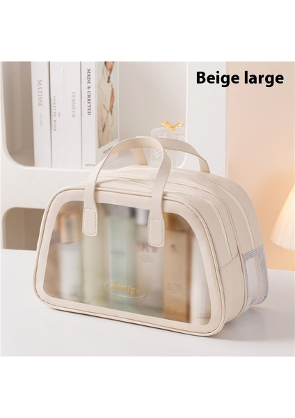 Çift Katmanlı Büyük Kapasiteli Taşınabilir Kozmetik Çantası Seyahat Saklama Çantası Bej Büyük (Yurt Dışından)