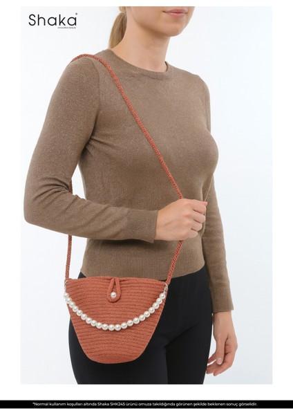 Turuncu SHK245 Incili Hasır Kumaş Tek Bölmeli, Askılı El, Kol ve Omuz Çantası