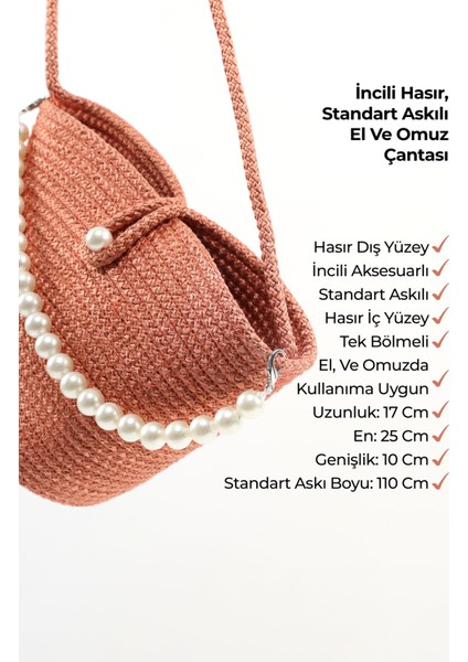 Turuncu SHK245 Incili Hasır Kumaş Tek Bölmeli, Askılı El, Kol ve Omuz Çantası
