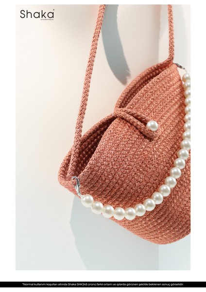 Turuncu SHK245 Incili Hasır Kumaş Tek Bölmeli, Askılı El, Kol ve Omuz Çantası