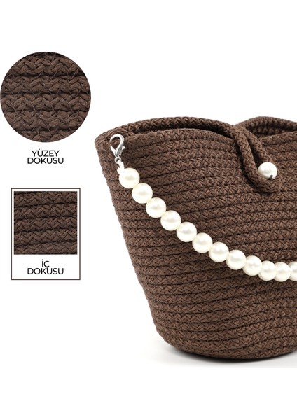 Kahve Rengi SHK245 Incili Hasır Kumaş Tek Bölmeli, Askılı El, Kol ve Omuz Çantası indirimleri