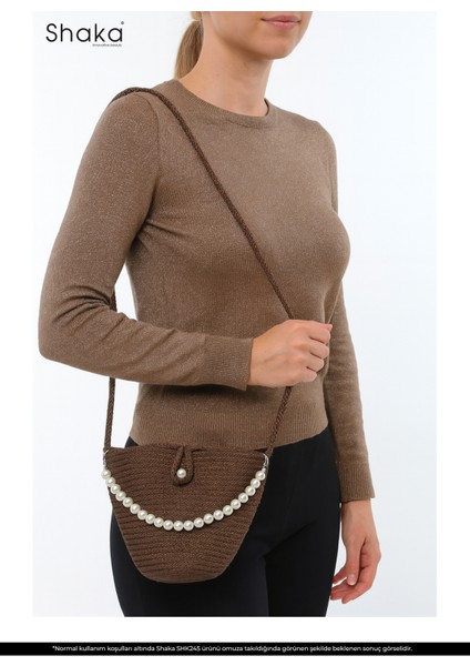 Kahve Rengi SHK245 Incili Hasır Kumaş Tek Bölmeli, Askılı El, Kol ve Omuz Çantası