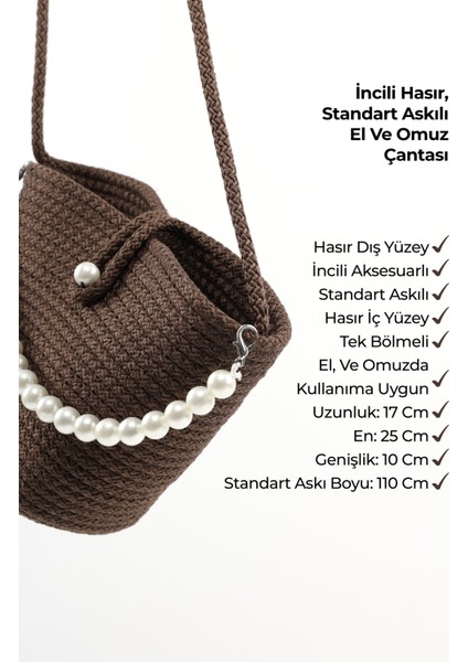 Kahve Rengi SHK245 Incili Hasır Kumaş Tek Bölmeli, Askılı El, Kol ve Omuz Çantası