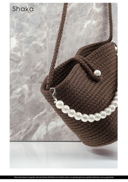 Kahve Rengi SHK245 Incili Hasır Kumaş Tek Bölmeli, Askılı El, Kol ve Omuz Çantası