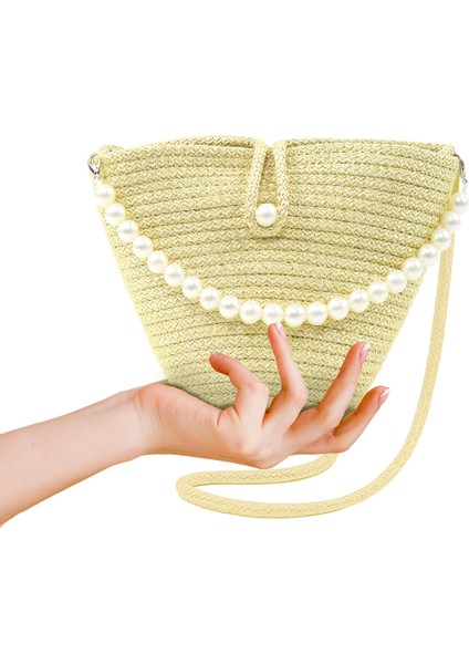 Sarı SHK245 Incili Hasır Kumaş Tek Bölmeli, Askılı El, Kol ve Omuz Çantası