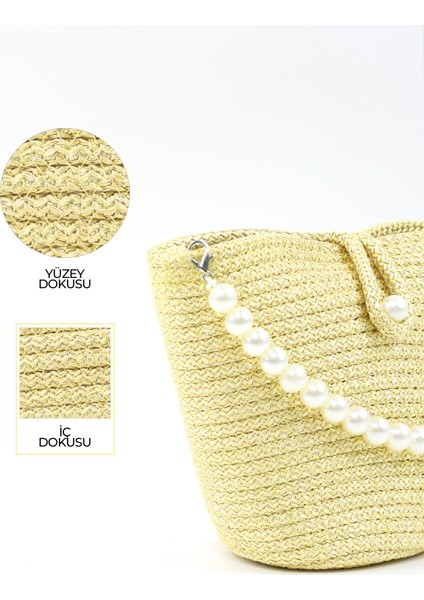 Sarı SHK245 Incili Hasır Kumaş Tek Bölmeli, Askılı El, Kol ve Omuz Çantası indirimleri