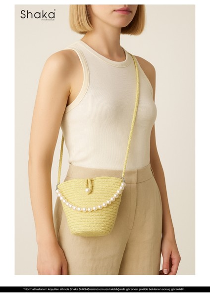 Sarı SHK245 Incili Hasır Kumaş Tek Bölmeli, Askılı El, Kol ve Omuz Çantası