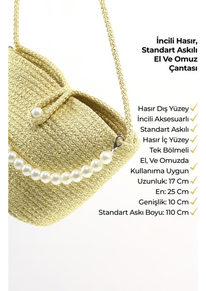 Sarı SHK245 Incili Hasır Kumaş Tek Bölmeli, Askılı El, Kol ve Omuz Çantası