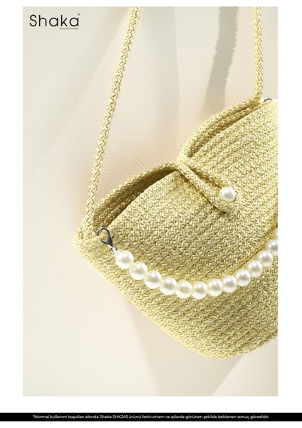 Sarı SHK245 Incili Hasır Kumaş Tek Bölmeli, Askılı El, Kol ve Omuz Çantası