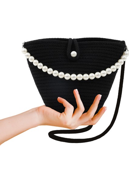 Siyah SHK245 Incili Hasır Kumaş Tek Bölmeli, Askılı El, Kol ve Omuz Çantası