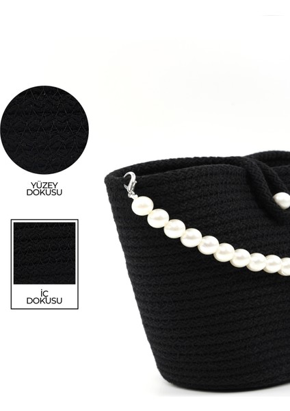 Siyah SHK245 Incili Hasır Kumaş Tek Bölmeli, Askılı El, Kol ve Omuz Çantası indirimleri