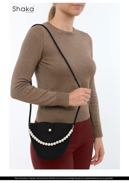 Siyah SHK245 Incili Hasır Kumaş Tek Bölmeli, Askılı El, Kol ve Omuz Çantası