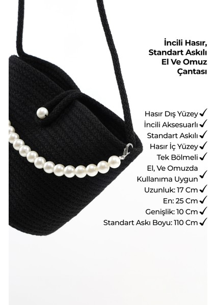 Siyah SHK245 Incili Hasır Kumaş Tek Bölmeli, Askılı El, Kol ve Omuz Çantası