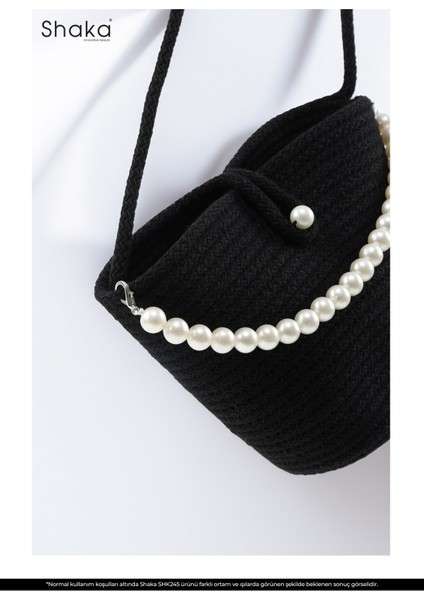 Siyah SHK245 Incili Hasır Kumaş Tek Bölmeli, Askılı El, Kol ve Omuz Çantası