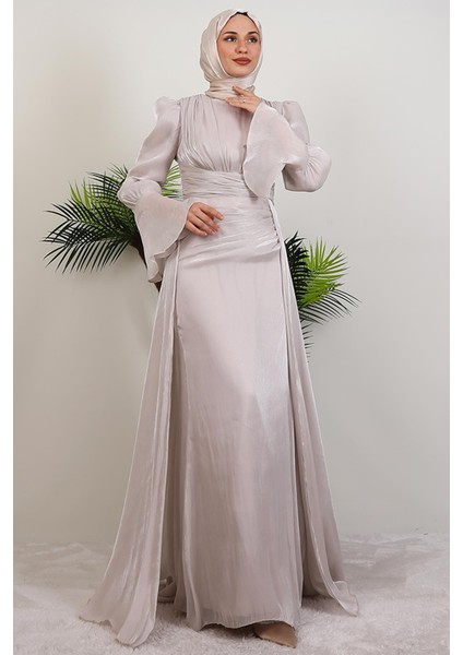 Kolu Volanlı Yoryo Elbise Bej