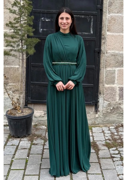 Tesettür Abiye Elbise - Şifon Işlemeli Uzun Kollu, Özel Gün Düğün Davetlik