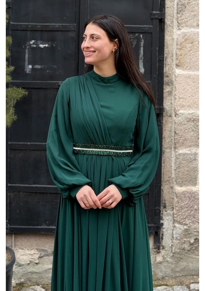 Tesettür Abiye Elbise - Şifon Işlemeli Uzun Kollu, Özel Gün Düğün Davetlik fiyatları