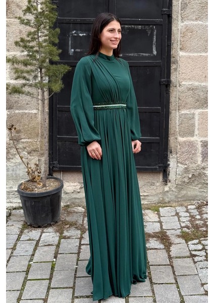 Tesettür Abiye Elbise - Şifon Işlemeli Uzun Kollu, Özel Gün Düğün Davetlik fırsatları
