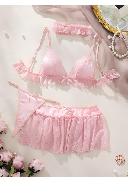 Kadın Pembe 4 Parça Tüllü Dantelli Bacak Bantlı Zarif Iç Çamaşırı Takımı Çeyizlik Gecelik Seksi Jartiyer Takım Fantezi Gecelik Dantelli Iç Giyim Açık Fantazi Kostüm Giysi indirimleri