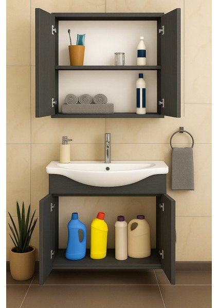 Nova 80 cm %100 Mdf Antrasit Renkli, Oval Seramik Lavabolu, Alt- Üst Dolap Banyo Dolabı Takımı indirimleri