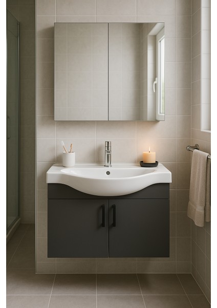 Nova 80 cm %100 Mdf Antrasit Renkli, Oval Seramik Lavabolu, Alt- Üst Dolap Banyo Dolabı Takımı