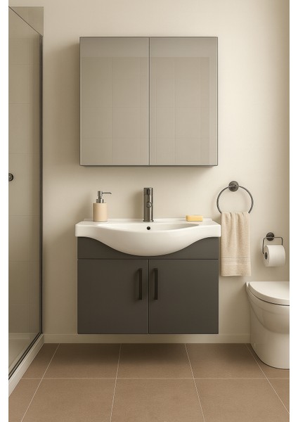 Nova 80 cm %100 Mdf Antrasit Renkli, Oval Seramik Lavabolu, Alt- Üst Dolap Banyo Dolabı Takımı modelleri