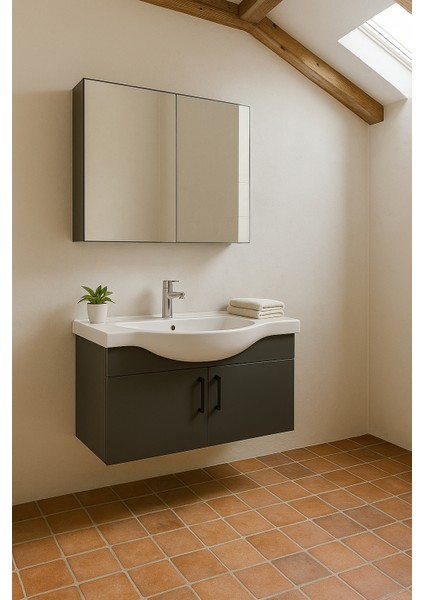 Nova 80 cm %100 Mdf Antrasit Renkli, Oval Seramik Lavabolu, Alt- Üst Dolap Banyo Dolabı Takımı fırsatları