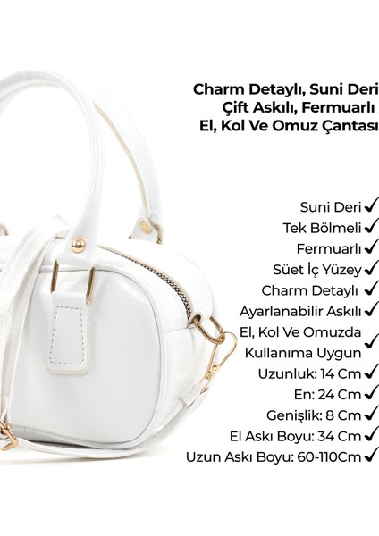 Kırışık Dokulu Beyaz SHK207 Suni Deri Charm Detaylı Fermuarlı ,askılı El, Kol ve Omuz Çantası