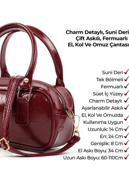 Kırışık Dokulu Bordo SHK207 Suni Deri Charm Detaylı Fermuarlı ,askılı El, Kol ve Omuz Çantası