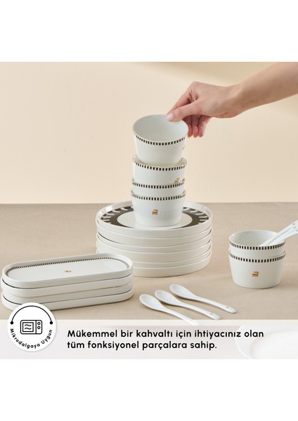 Stream Bone Kore 22 Parça 6 Kişilik Desenli Kahvaltı Takımı Beyaz Altın Renk