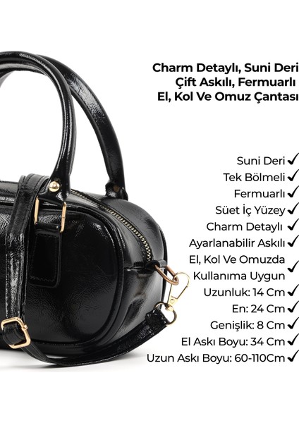 Kırışık Dokulu Siyah SHK207 Suni Deri Charm Detaylı Fermuarlı ,askılı El, Kol ve Omuz Çantası