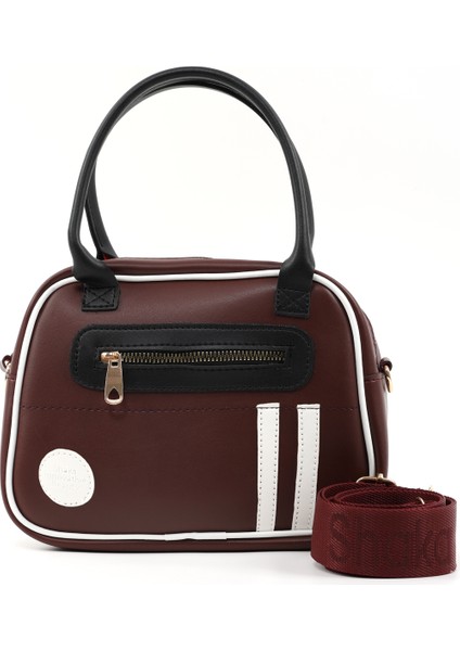 Bordo/siyah/beyaz SHK225 Suni Deri ,fermuarlı Iki Bölmeli ,kolon Askılı El, Kol ve Omuz Çantası
