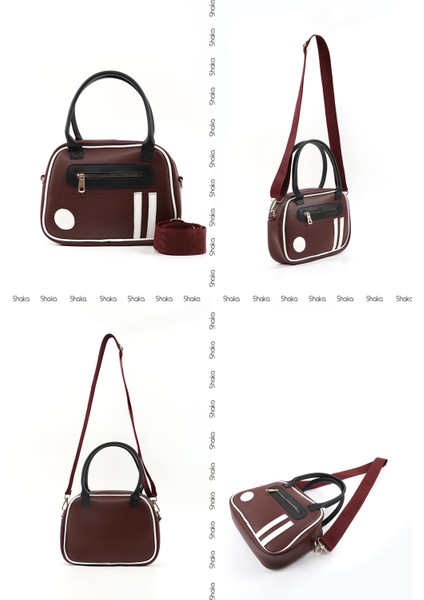 Bordo/siyah/beyaz SHK225 Suni Deri ,fermuarlı Iki Bölmeli ,kolon Askılı El, Kol ve Omuz Çantası
