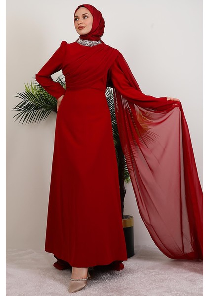 Yakası Taşlı Elbise Bordo