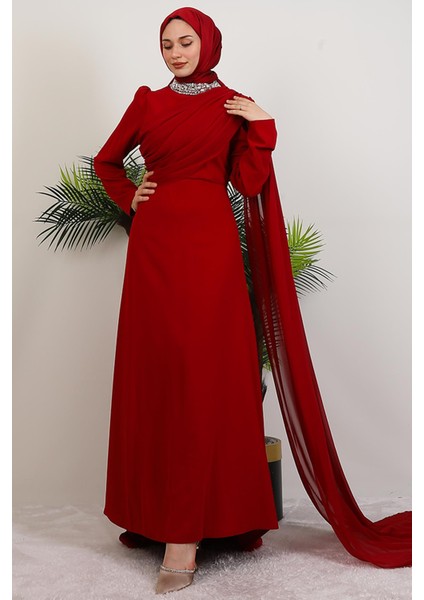 Yakası Taşlı Elbise Bordo fiyatları