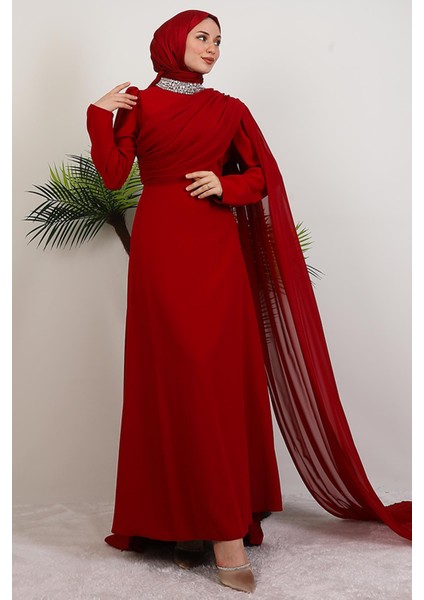 Yakası Taşlı Elbise Bordo modelleri