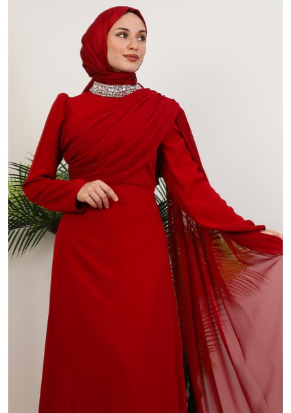 Yakası Taşlı Elbise Bordo indirimleri
