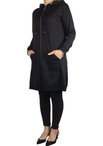 Kadın Kapşonlu Önü Fermuarlı Kanguru Cepli Kristal Kumaş Ceket