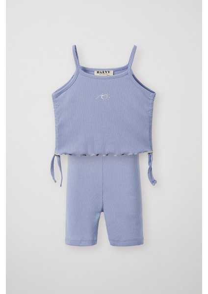 Mavi Fitilli Askılı Bluz - Mini Şort