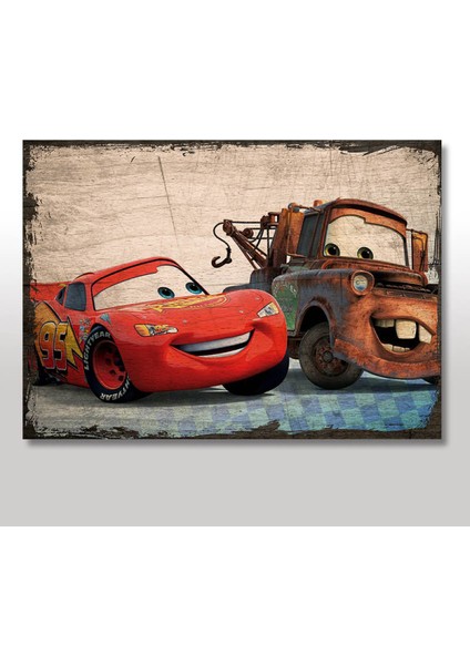 Ahşap Tablo Şimşek Mcqueen ve Meter Desenli