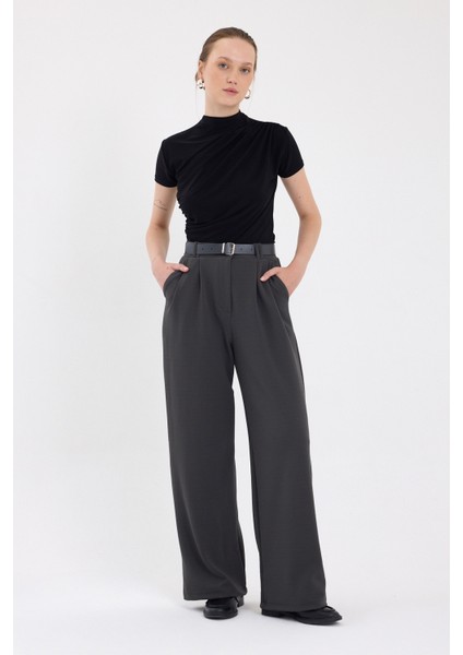 Antrasit Çift Pile Detay Kemerli Kadın Pantolon 5009