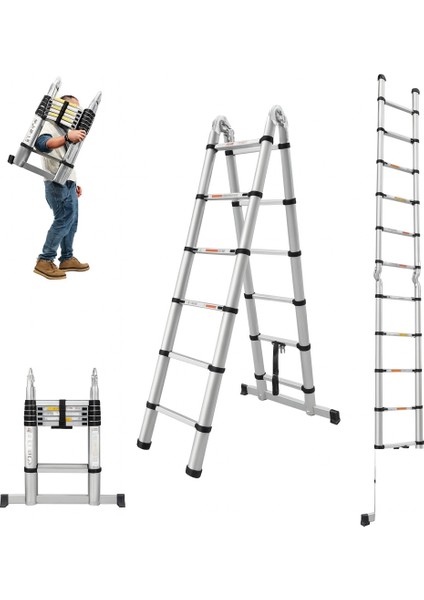 A Tipi Çift Yönlü Teleskopik Merdiven 7+7 4,4 mt Alüminyum (2,2 Mt+2,2mt)